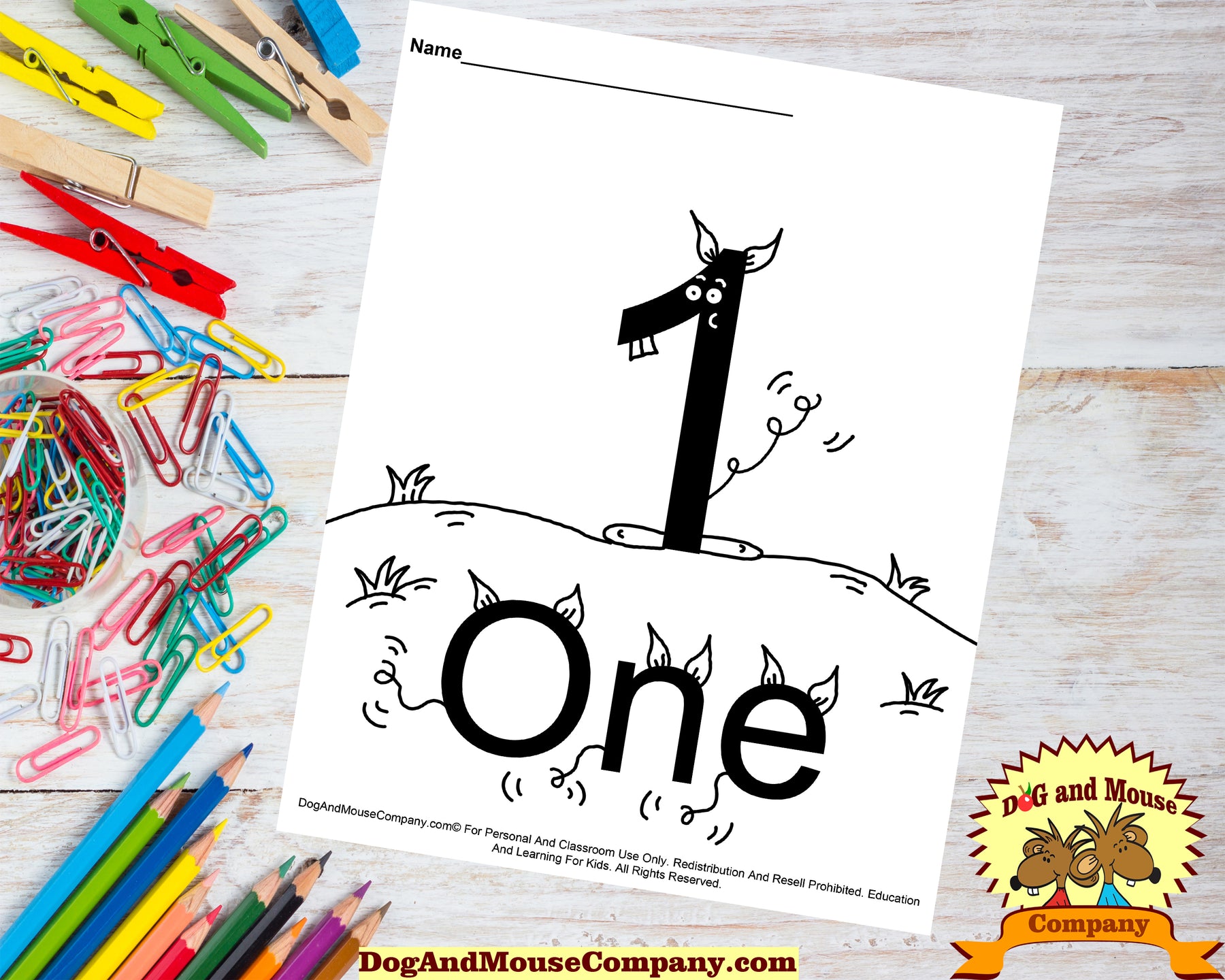 Learn The Number One Coloring Page Preschool Worksheet by DogAndMouseCompany.com