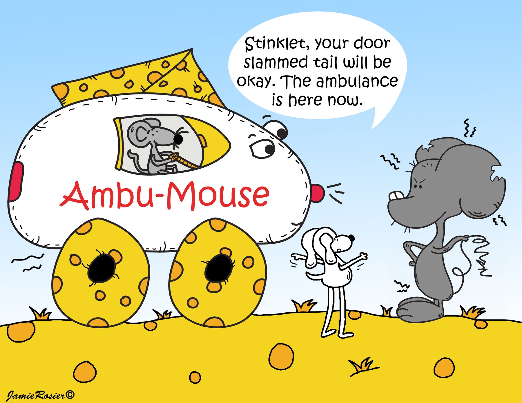 Meet Ambu-Mouse. He is the ambulance driver for the town of Cheeseville. His car is made of cheese. The roof of of his vehicle and tires are made of Cheddar cheese and the body is made of Mozzarella cheese. By Jamie Rosier © DogAndMouseCompany.com