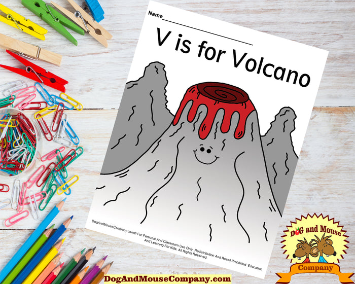 V Is For Volcano Printable Template Colored Worksheet