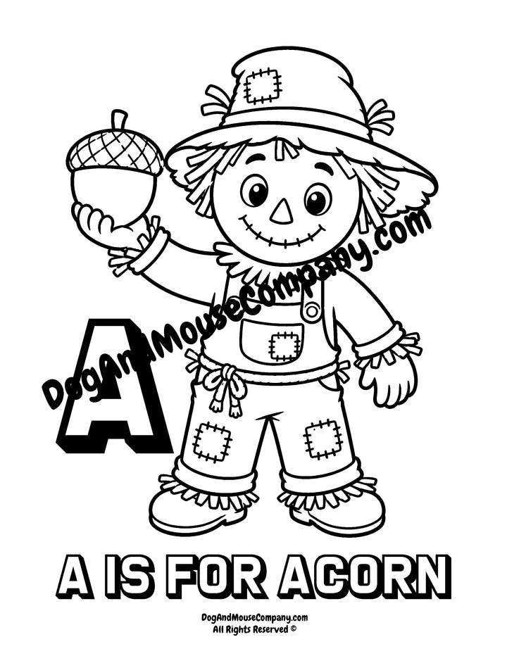 Rusty the Scarecrow holding a giant acorn with uppercase letter A printable coloring page for preschool alphabet learning by DogAndMouseCompany.com
