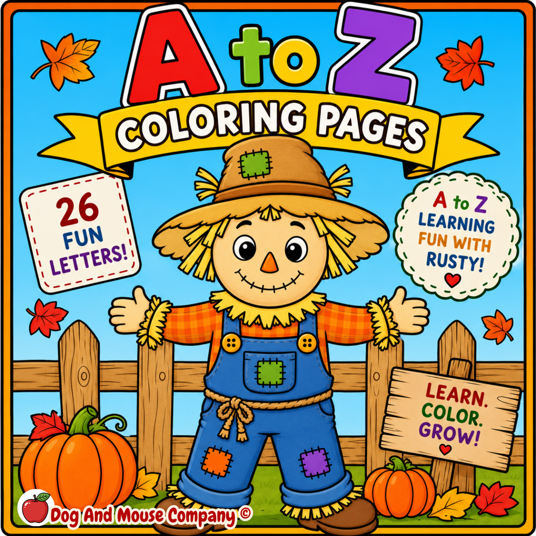 Rusty the Scarecrow A to Z ABC Learning Bundle printable coloring pages cover featuring all 26 alphabet letters