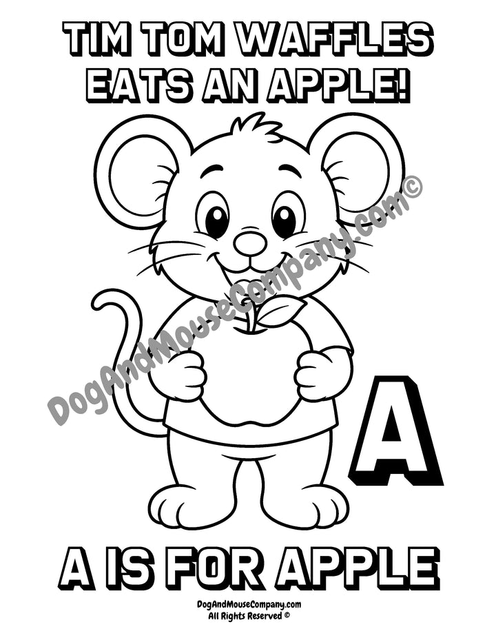 Black and white coloring page featuring a cartoon mouse holding an apple with the text &