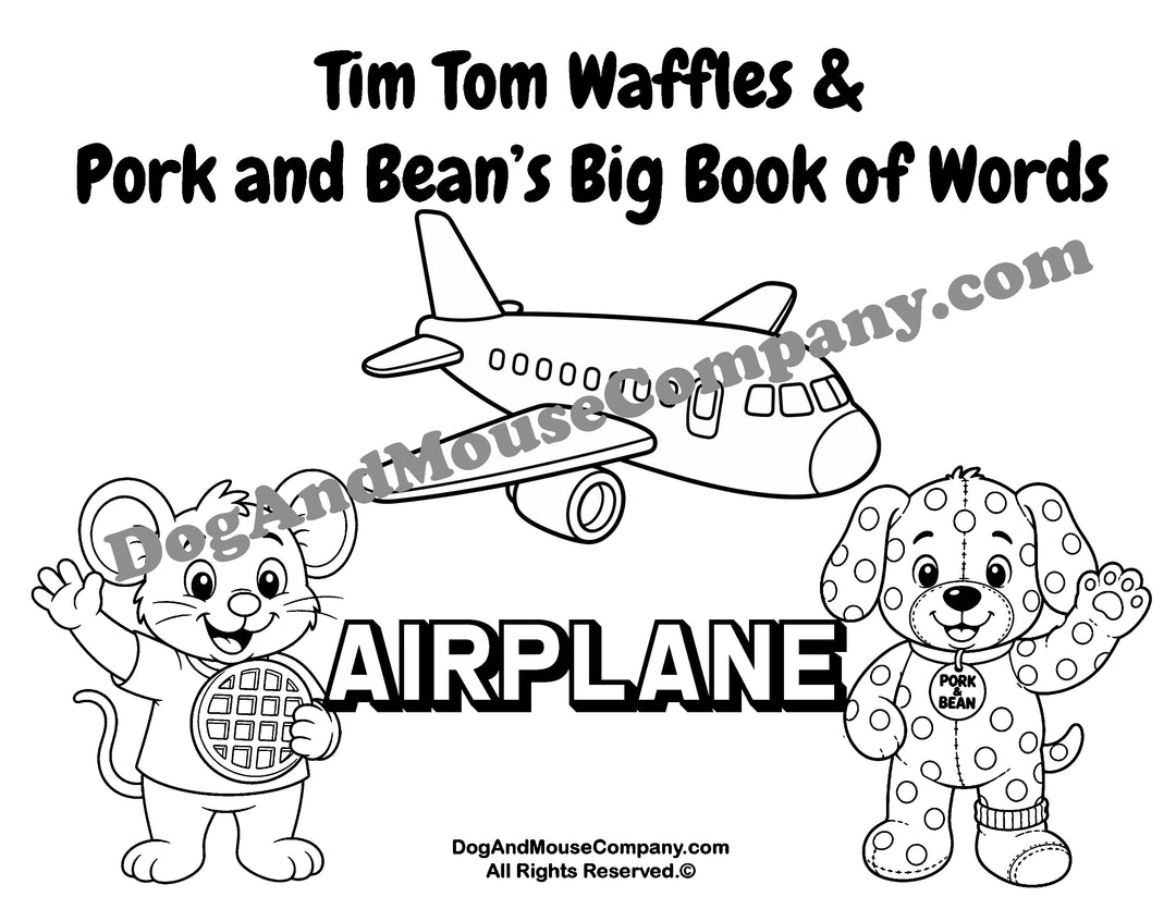 Airplane coloring page featuring Tim Tom Waffles and Pork and Bean Big Book of Words Things That Go printable activity for toddlers and preschoolers