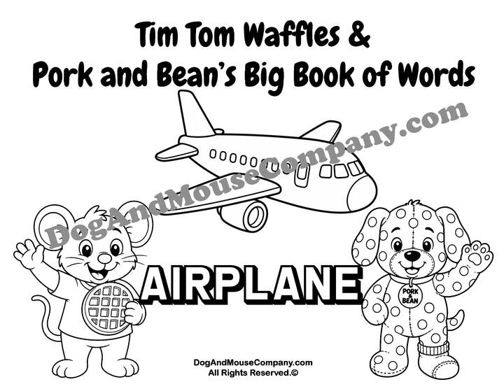 Airplane coloring page featuring Tim Tom Waffles and Pork and Bean Big Book of Words Things That Go printable activity for toddlers and preschoolers
