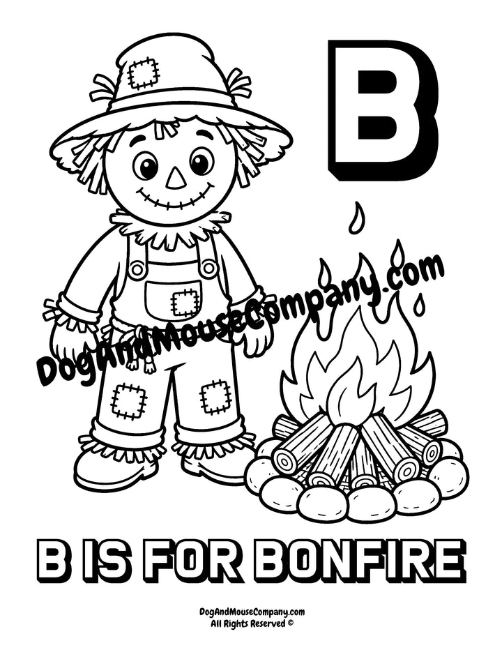 Rusty the Scarecrow standing beside a bonfire with uppercase letter B printable coloring page for preschool alphabet learning
