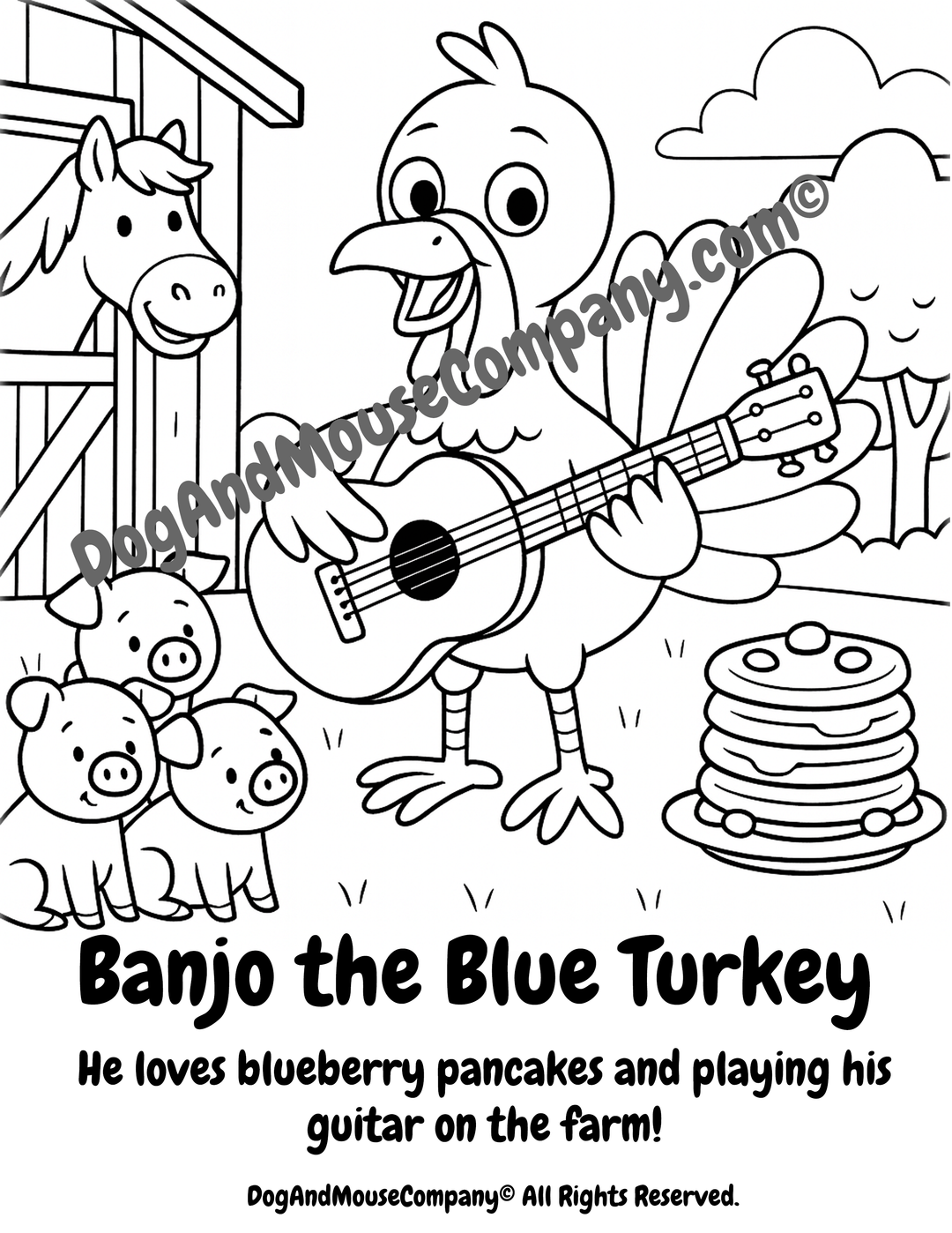 Banjo the Blue Turkey Coloring Page by DogAndMouseCompany.com Thanksgiving Story and Activity Pack for Preschoolers