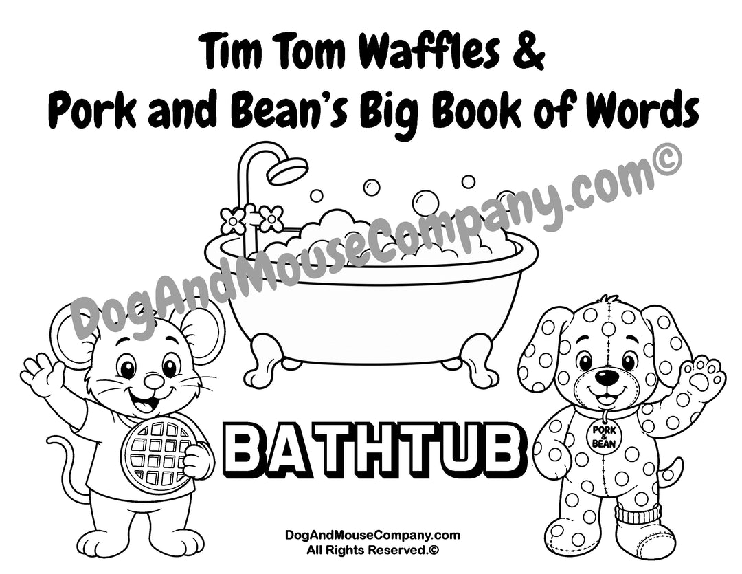 Bathtub coloring page featuring Tim Tom Waffles and Pork and Bean Big Book of Words Around The House printable activity for toddlers and preschoolers