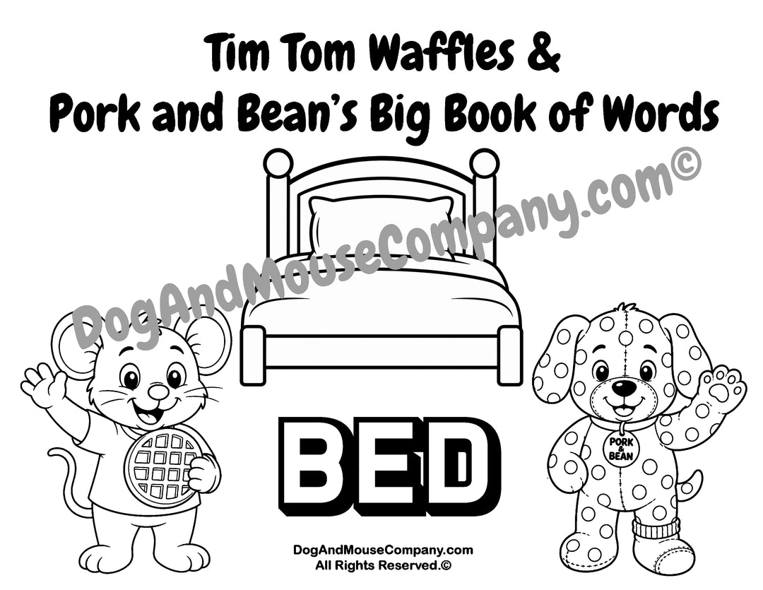 Bed coloring page featuring Tim Tom Waffles and Pork and Bean Big Book of Words Around The House printable activity for toddlers and preschoolers