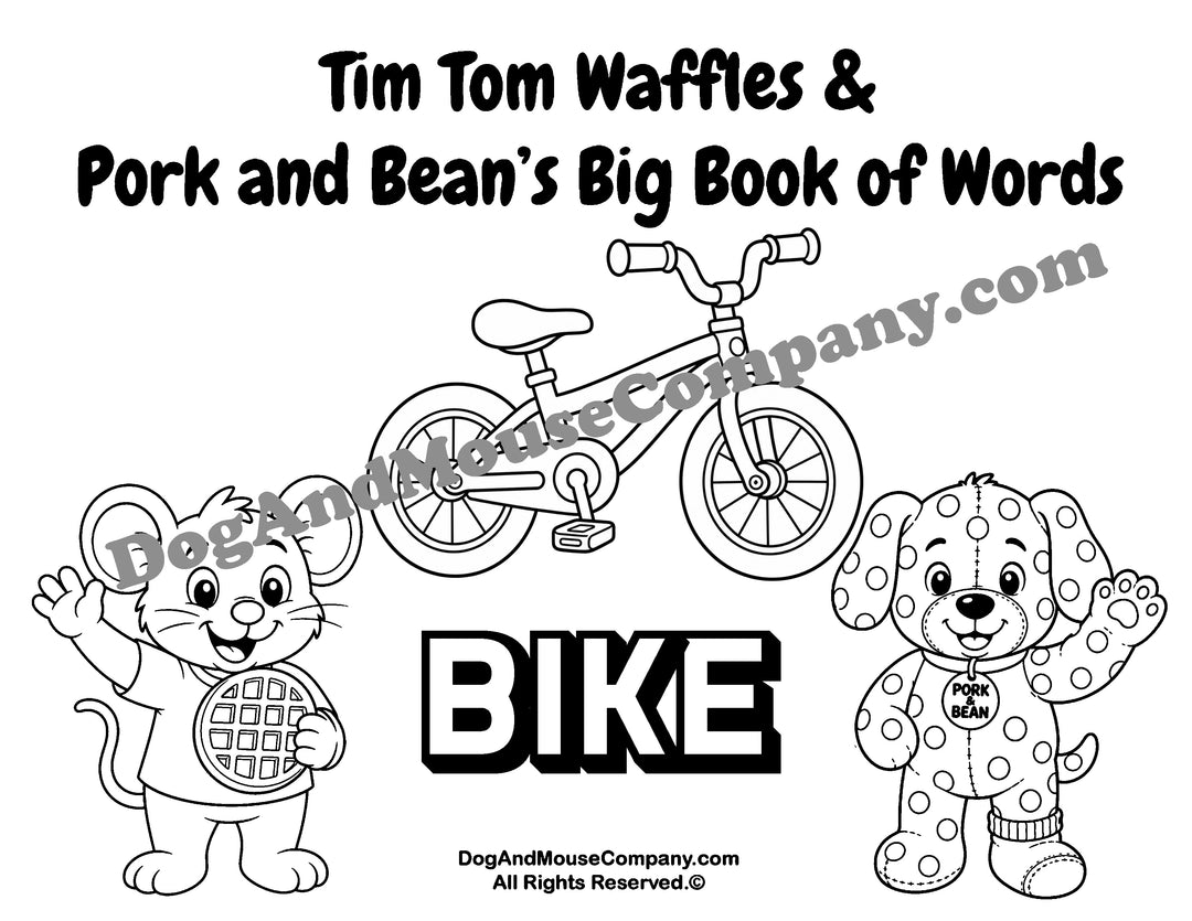 Bike coloring page featuring Tim Tom Waffles and Pork and Bean Big Book of Words Things That Go printable activity for toddlers and preschoolers
