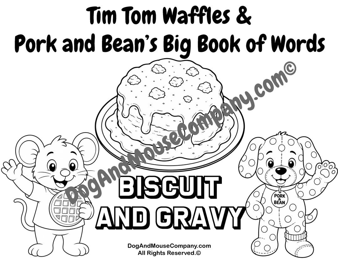 Biscuit and gravy coloring page featuring Tim Tom Waffles and Pork and Bean for preschool breakfast food vocabulary learning