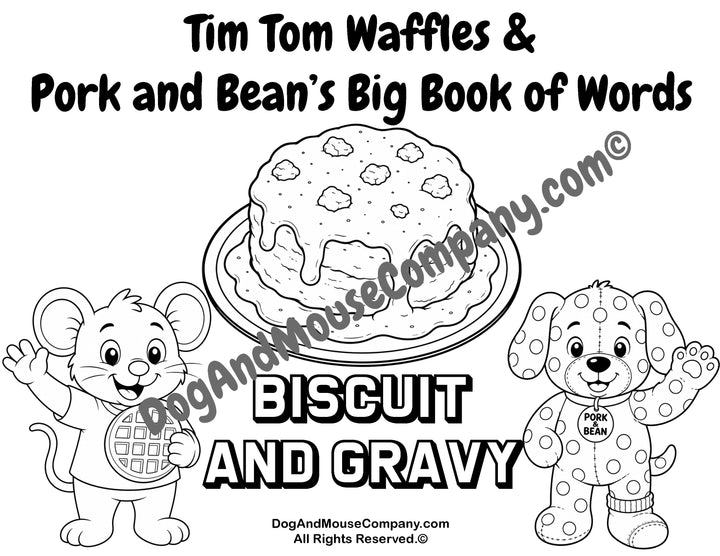 Biscuit and gravy coloring page featuring Tim Tom Waffles and Pork and Bean for preschool breakfast food vocabulary learning