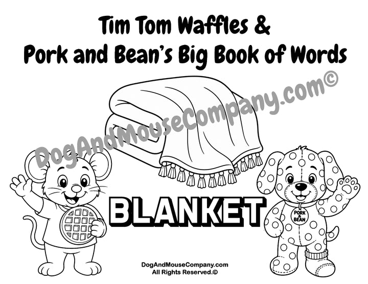 Blanket coloring page featuring Tim Tom Waffles and Pork and Bean Big Book of Words Around The House printable activity for toddlers and preschoolers
