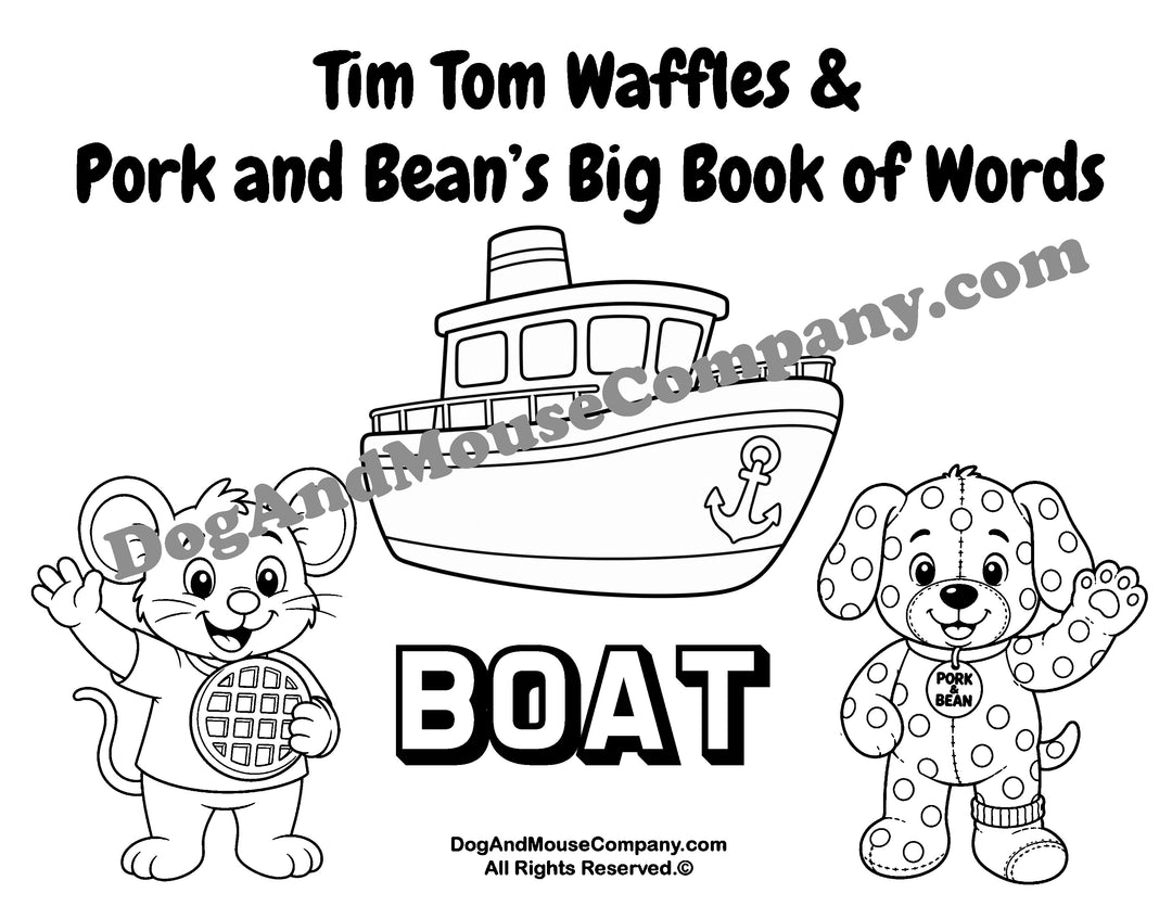 Boat coloring page featuring Tim Tom Waffles and Pork and Bean Big Book of Words Things That Go printable activity for toddlers and preschoolers