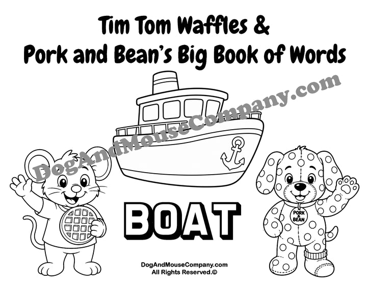 Boat coloring page featuring Tim Tom Waffles and Pork and Bean Big Book of Words Things That Go printable activity for toddlers and preschoolers