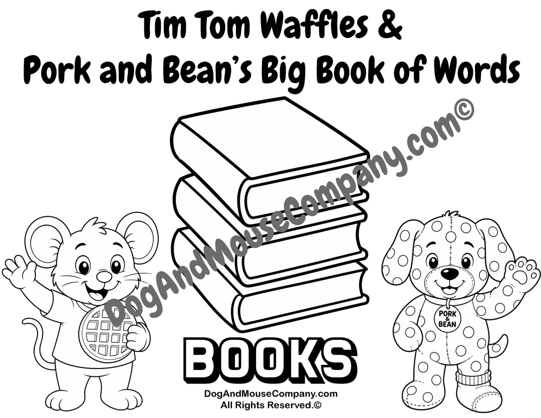 Books coloring page from Tim Tom Waffles and Pork and Bean’s Big Book of Words School Set featuring large books, Tim Tom Waffles, and Pork and Bean for preschool vocabulary learning.