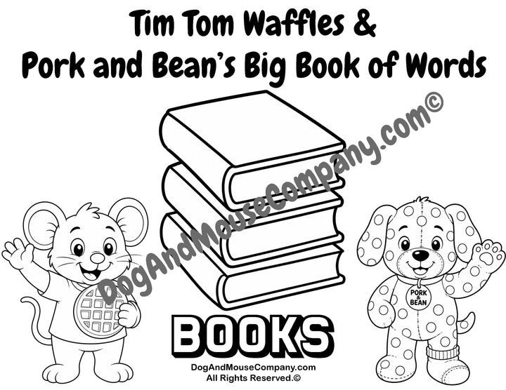 Books coloring page from Tim Tom Waffles and Pork and Bean’s Big Book of Words School Set featuring large books, Tim Tom Waffles, and Pork and Bean for preschool vocabulary learning.