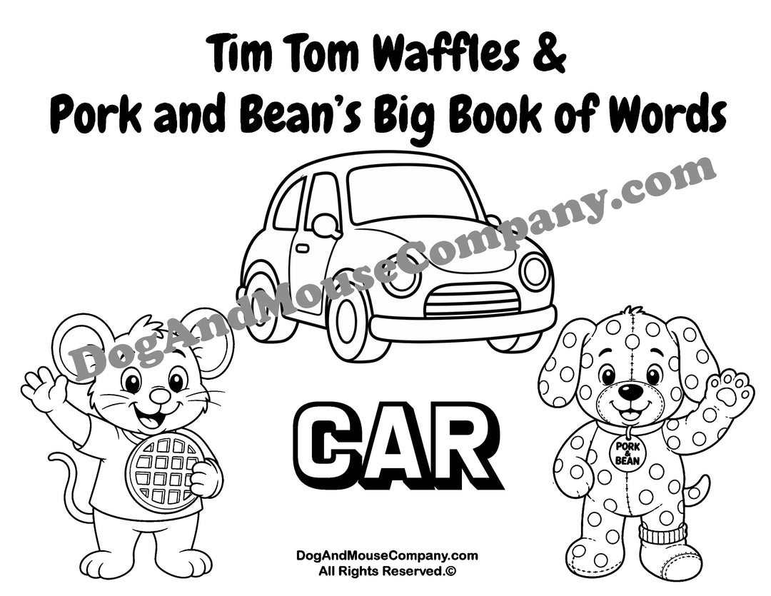Car coloring page featuring Tim Tom Waffles and Pork and Bean Big Book of Words Things That Go printable activity for toddlers and preschoolers