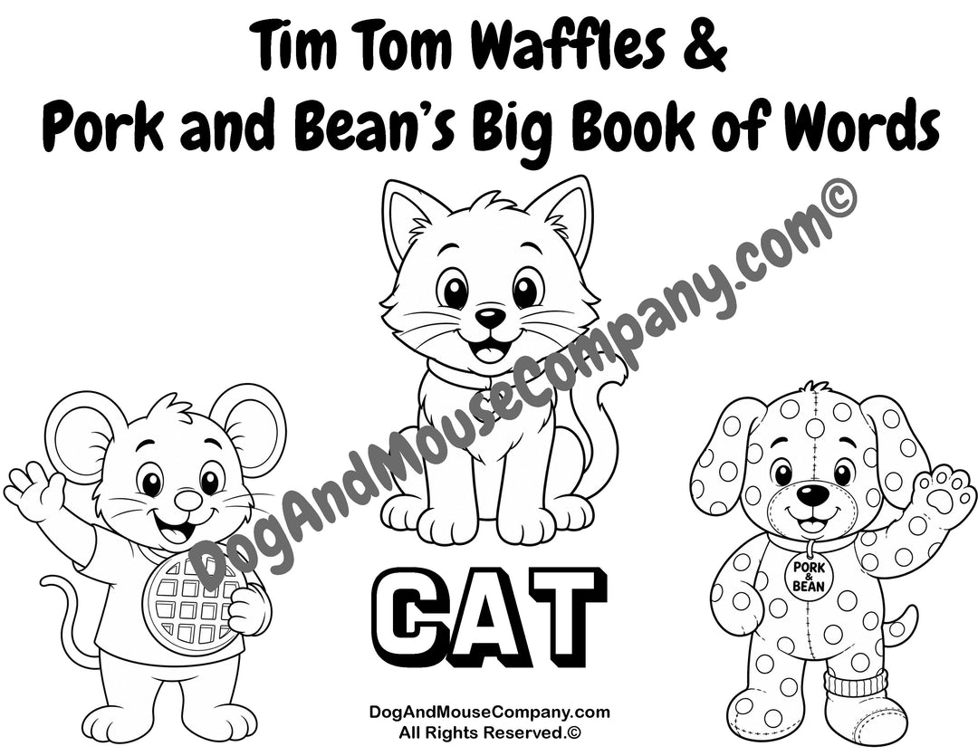 Cat coloring page featuring Tim Tom Waffles and Pork and Bean’s Big Book of Words Animal Set printable for toddlers and preschoolers