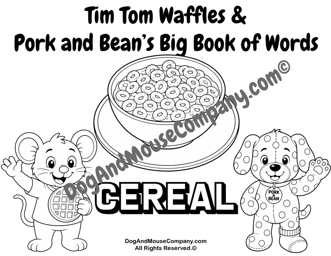 Cereal coloring page featuring Tim Tom Waffles and Pork and Bean for preschool breakfast food vocabulary learning