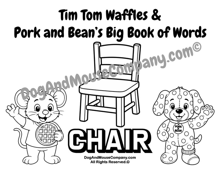 Chair coloring page featuring Tim Tom Waffles and Pork and Bean Big Book of Words Around The House printable activity for toddlers and preschoolers