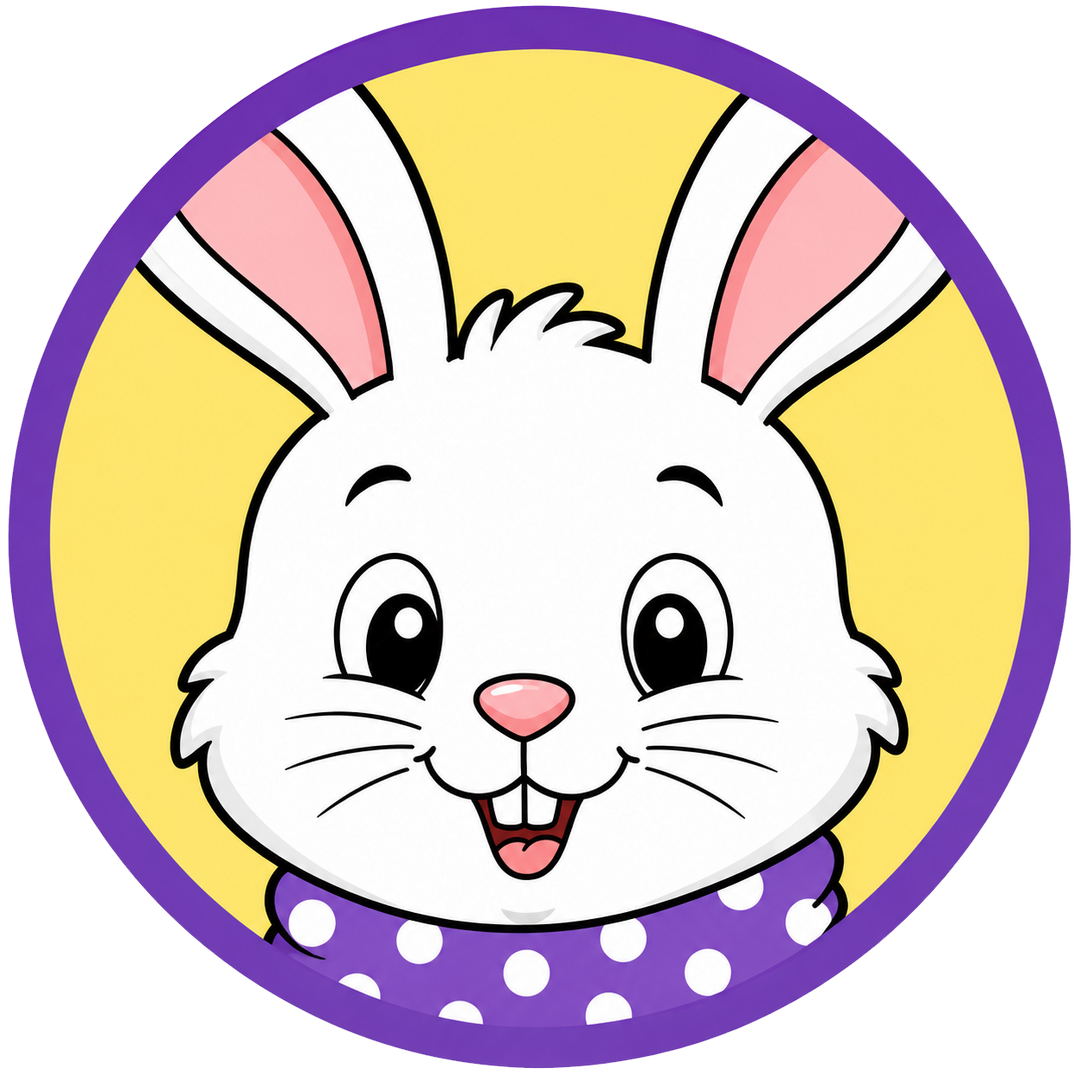 Charlie the Rabbit with his colorful polka dot tail and purple polka dot scarf smiling happily.