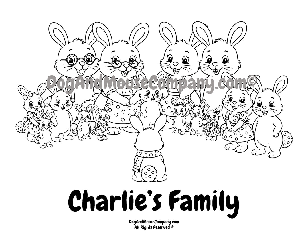 Charlie the Rabbit standing in front of his large rabbit family in a printable black-and-white family coloring page for kids.