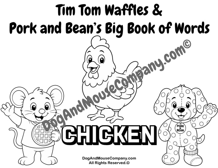 Chicken coloring page featuring Tim Tom Waffles and Pork and Bean’s Big Book of Words Animal Set printable for toddlers and preschoolers