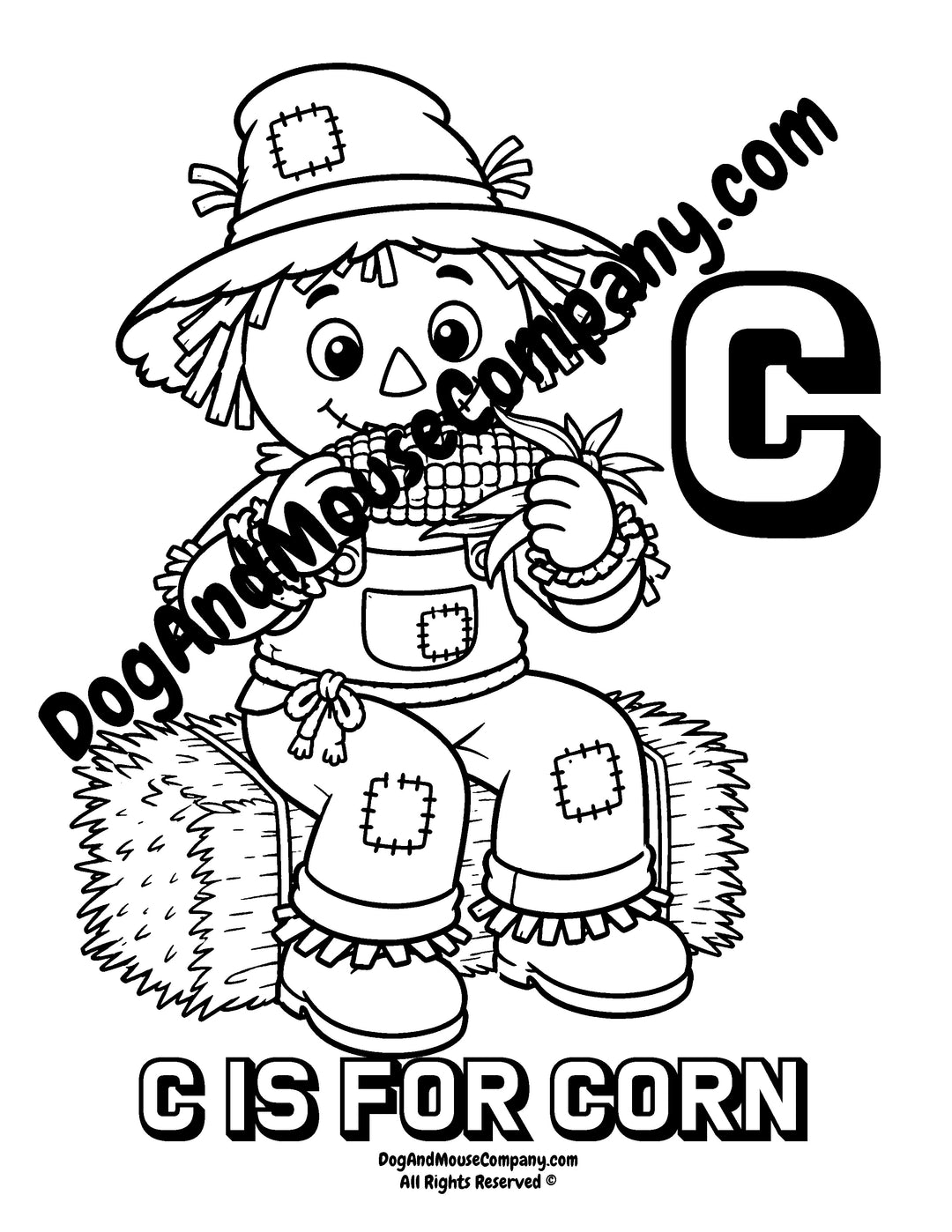 Rusty the Scarecrow eating an ear of corn with uppercase letter C printable coloring page for preschool alphabet learning