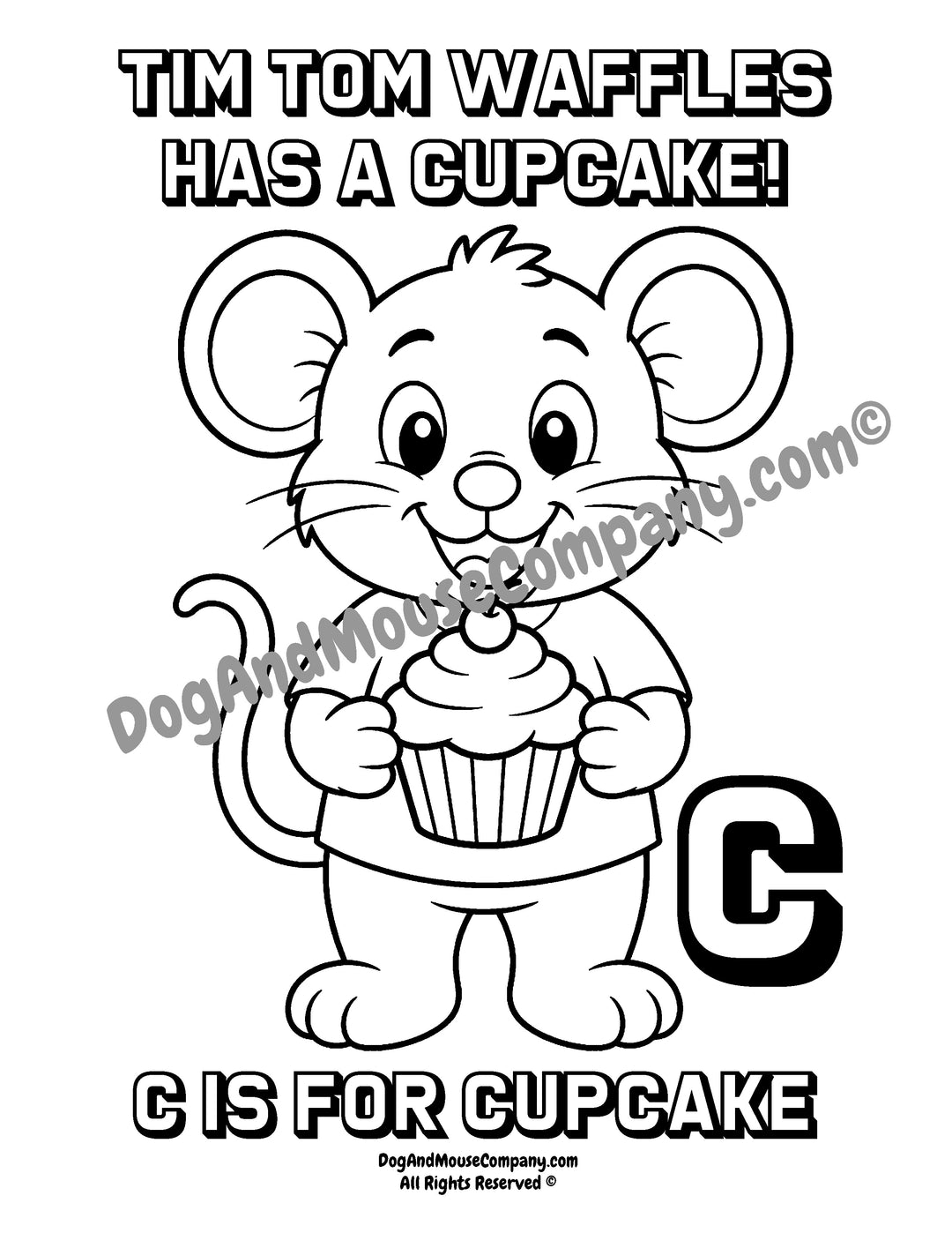 C Is for Cupcake coloring page featuring Tim Tom Waffles holding a cupcake with a large uppercase letter C for preschool alphabet learning printable.