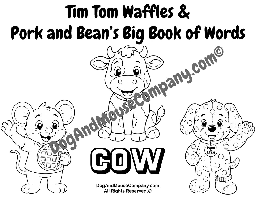Cow coloring page featuring Tim Tom Waffles and Pork and Bean’s Big Book of Words Animal Set printable for toddlers and preschoolers