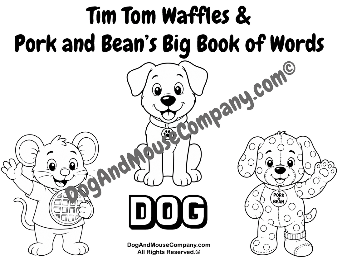 Dog coloring page featuring Tim Tom Waffles and Pork and Bean’s Big Book of Words Animal Set printable for toddlers and preschoolers
