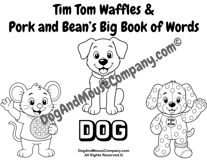 Dog coloring page featuring Tim Tom Waffles and Pork and Bean’s Big Book of Words Animal Set printable for toddlers and preschoolers