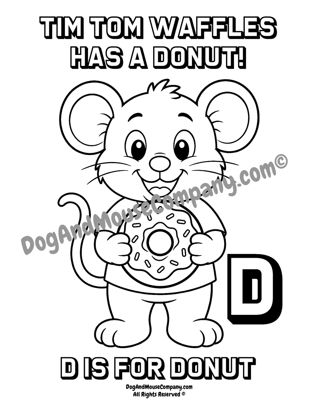 D Is for Donut coloring page featuring Tim Tom Waffles holding a donut with a large uppercase letter D for preschool alphabet learning printable.