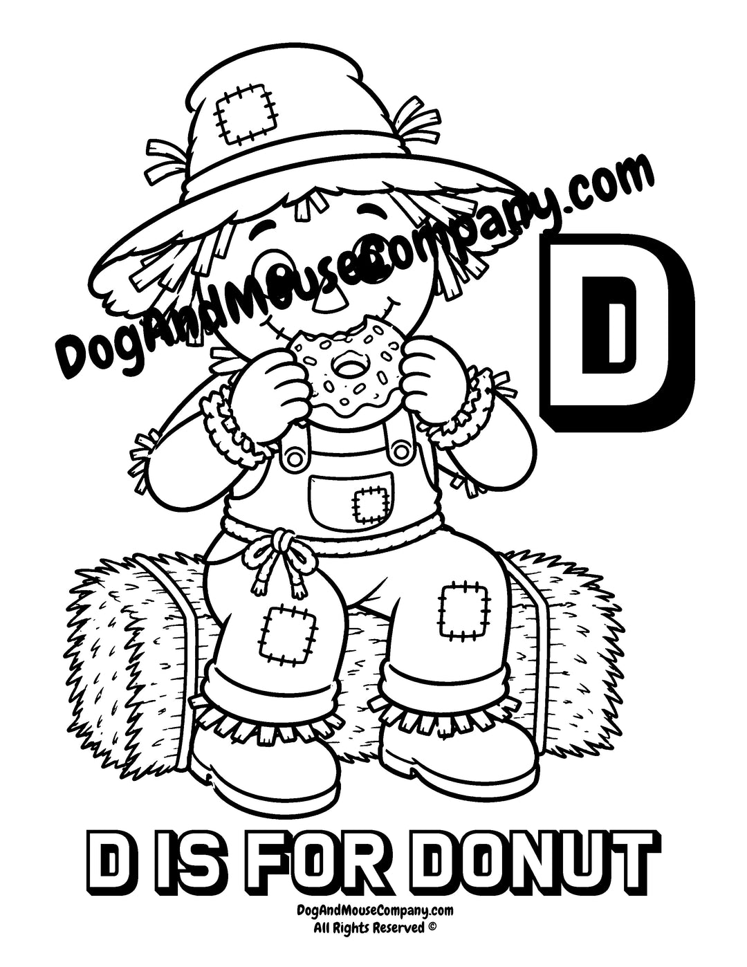 Rusty the Scarecrow eating a donut with uppercase letter D printable coloring page for preschool alphabet learning