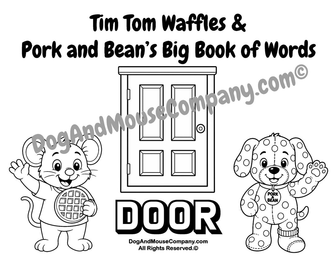 Door coloring page featuring Tim Tom Waffles and Pork and Bean Big Book of Words Around The House printable activity for toddlers and preschoolers