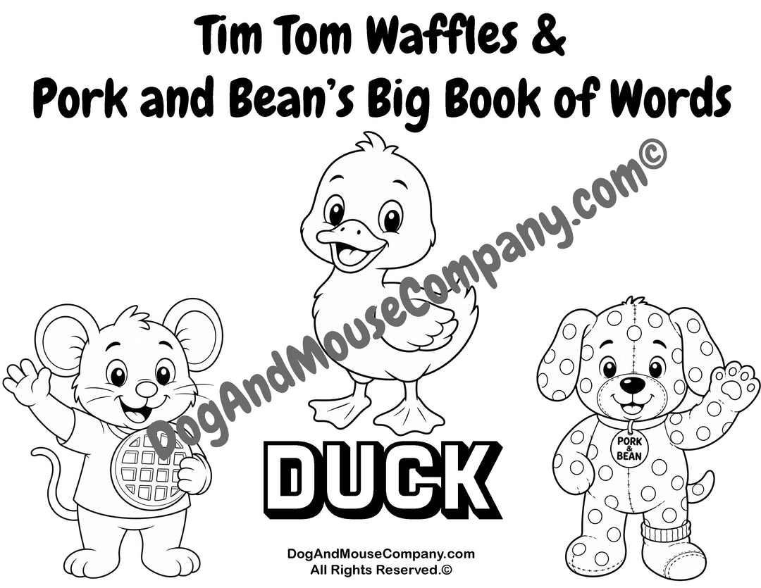 Duck coloring page featuring Tim Tom Waffles and Pork and Bean’s Big Book of Words Animal Set printable for toddlers and preschoolers