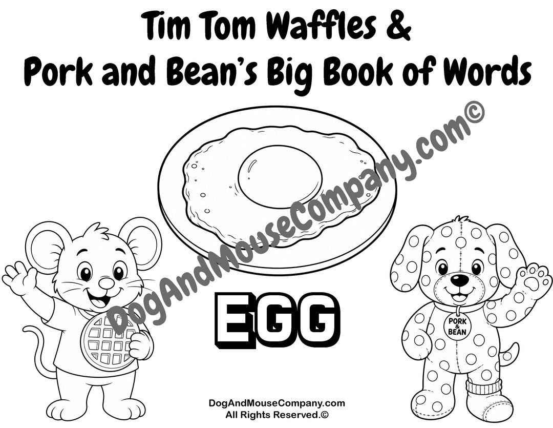 Egg coloring page featuring Tim Tom Waffles and Pork and Bean for preschool breakfast food vocabulary learning