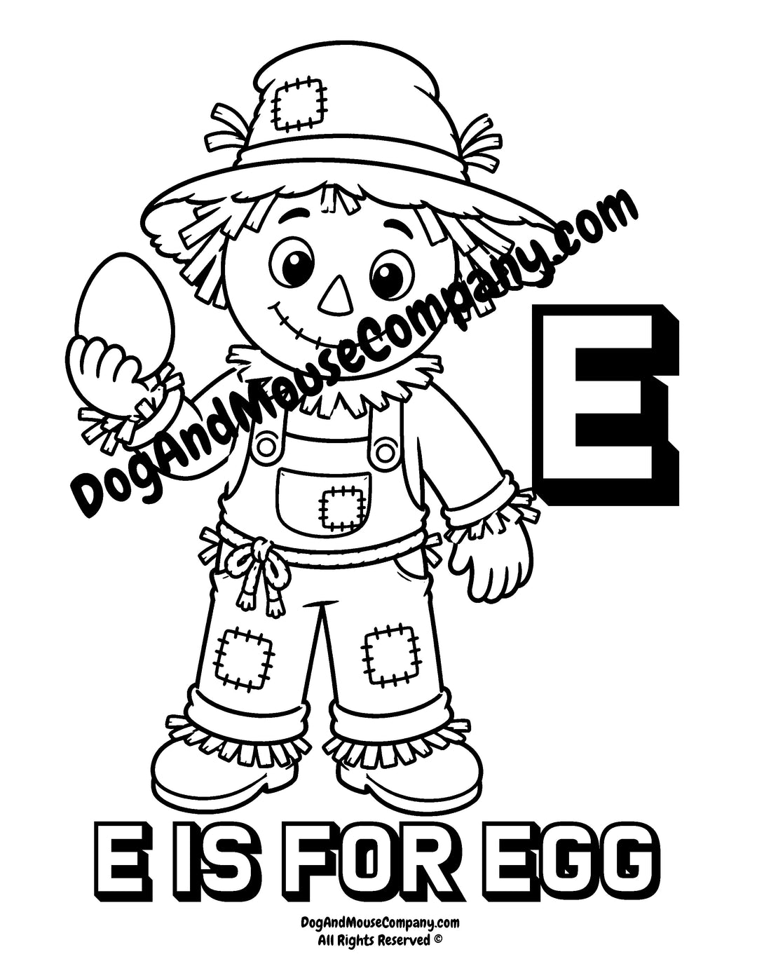 Rusty the Scarecrow holding a farm-fresh egg with uppercase letter E printable coloring page for preschool alphabet learning