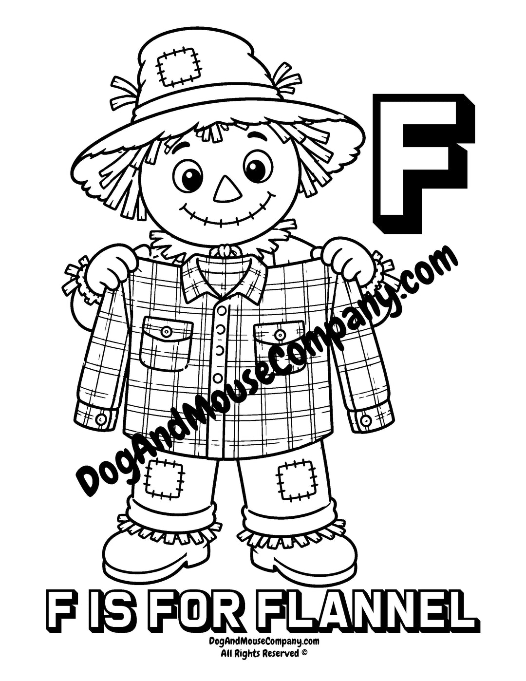 Rusty the Scarecrow holding a flannel shirt with uppercase letter F printable coloring page for preschool alphabet learning