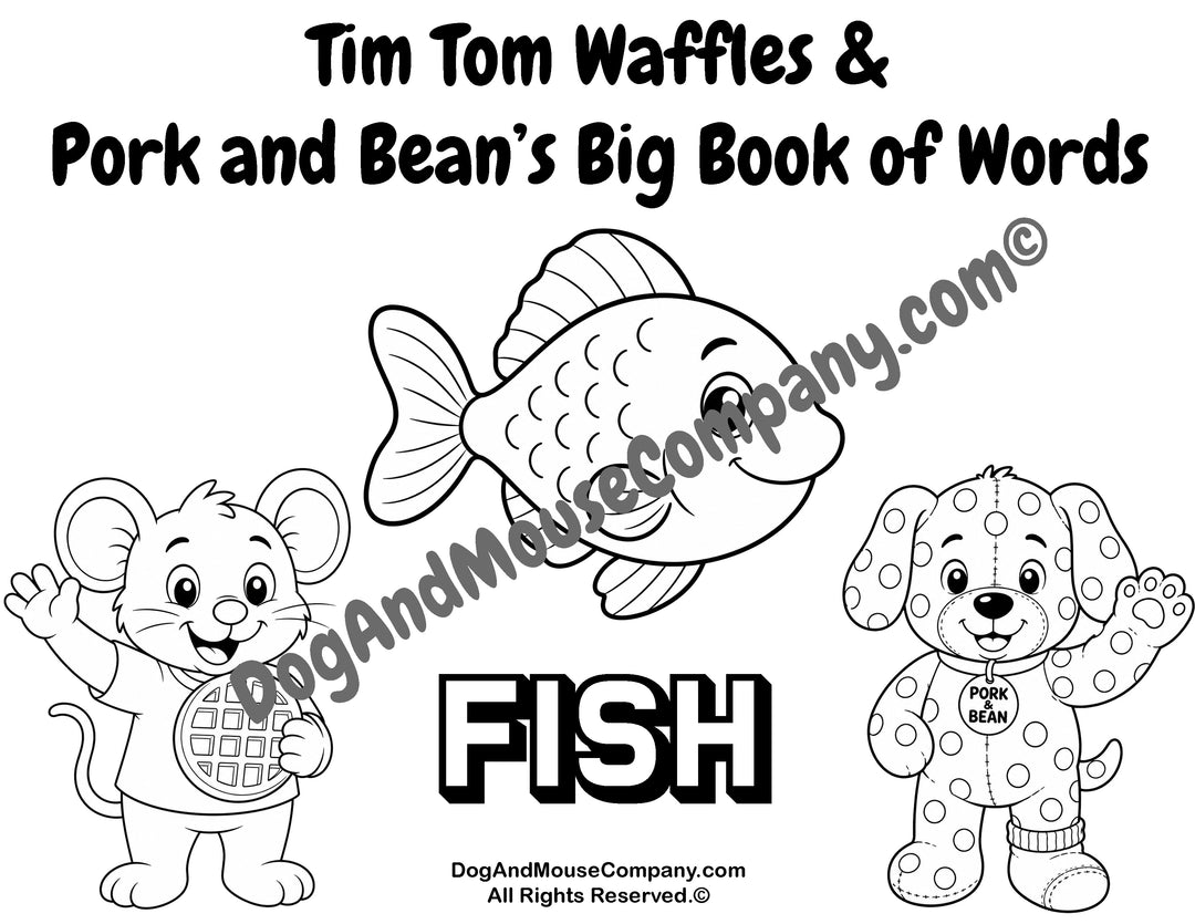 Fish coloring page featuring Tim Tom Waffles and Pork and Bean’s Big Book of Words Animal Set printable for toddlers and preschoolers
