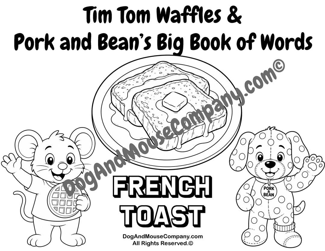 French toast coloring page featuring Tim Tom Waffles and Pork and Bean for preschool breakfast food vocabulary learning