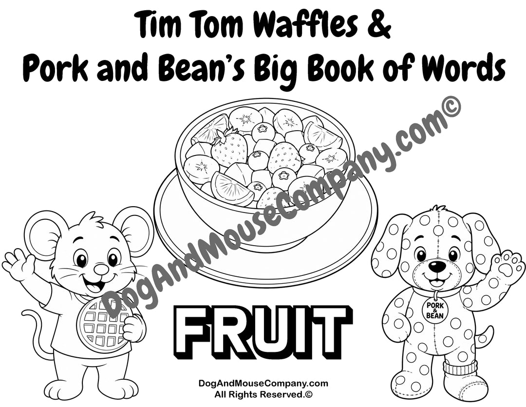 Fruit coloring page featuring Tim Tom Waffles and Pork and Bean for preschool breakfast food vocabulary learning
