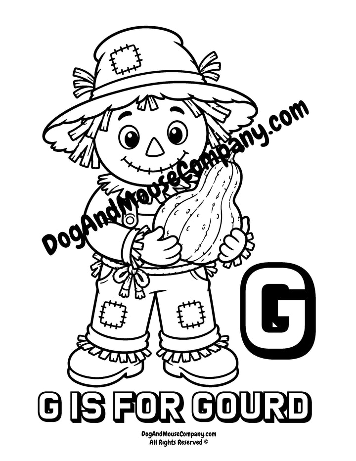 Rusty the Scarecrow holding a gourd with uppercase letter G printable coloring page for preschool alphabet learning
