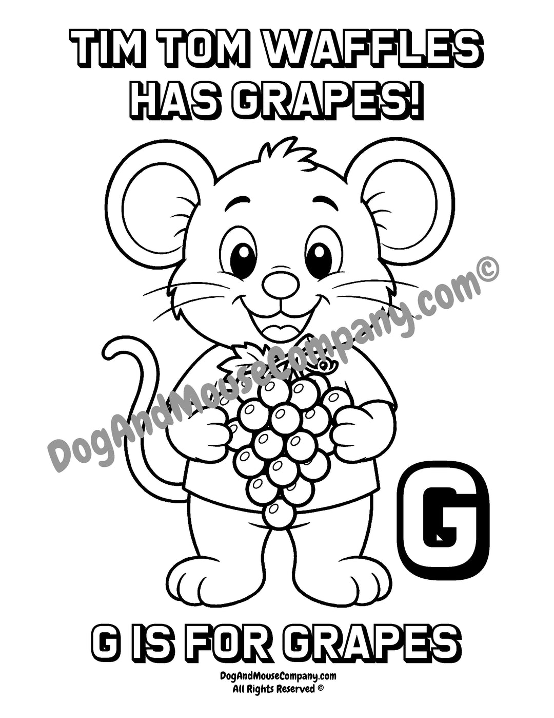 G Is for Grapes coloring page featuring Tim Tom Waffles holding grapes with a large uppercase letter G for preschool alphabet learning printable.
