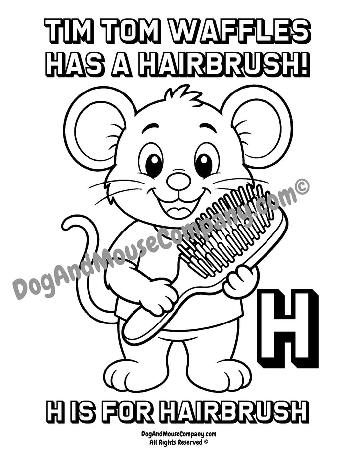 A black and white cartoon mouse holding a hairbrush with the text &