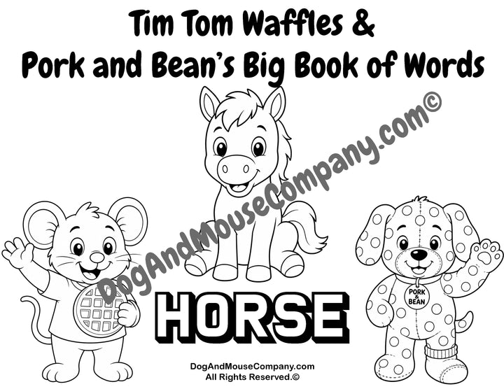 Horse coloring page featuring Tim Tom Waffles and Pork and Bean’s Big Book of Words Animal Set printable for toddlers and preschoolers