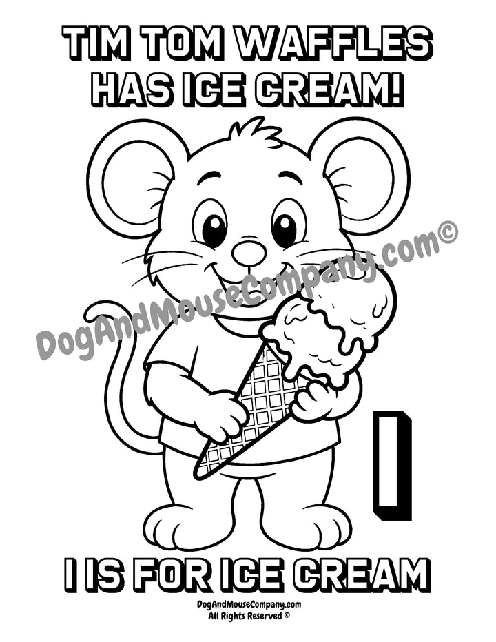 Black and white cartoon mouse coloring page with the text &