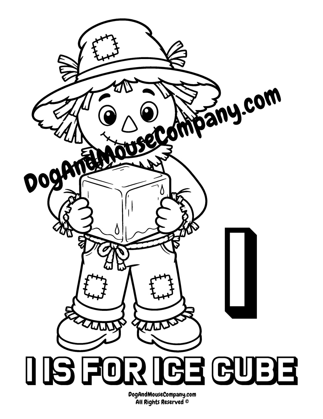 Rusty the Scarecrow holding a giant ice cube with uppercase letter I printable coloring page for preschool alphabet learning