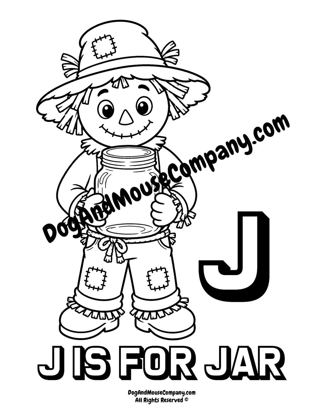 Rusty the Scarecrow holding a glass jar with uppercase letter J printable coloring page for preschool alphabet learning