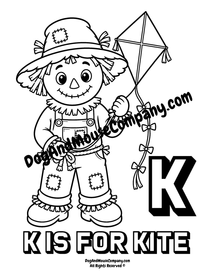 Rusty the Scarecrow holding the string to a kite with uppercase letter K printable coloring page for preschool alphabet learning